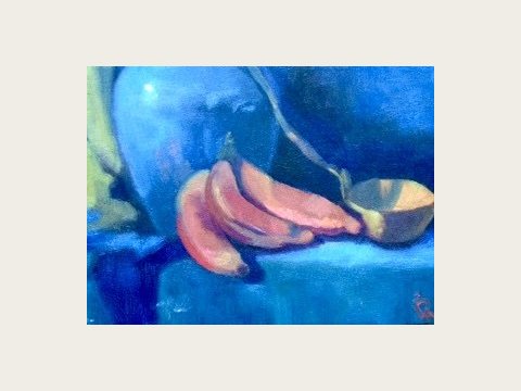Bananas and Blue Vessel — Oil on canvas