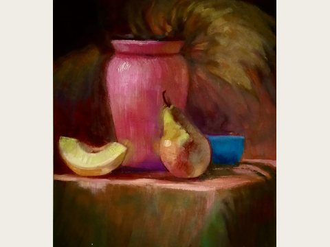 Pink Vase with Fruit — Oil on canvas